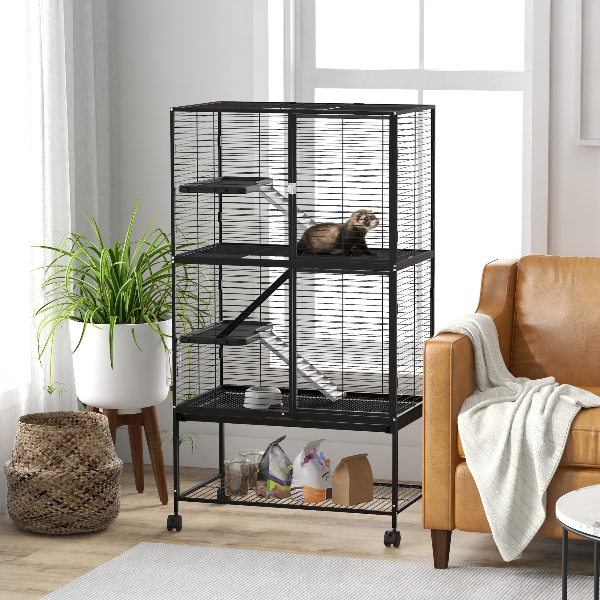Pawhut Jaula Para Animales Pequeños De 4 Niveles Con Ruedas 78x45,5x136 Cm Negro_1
