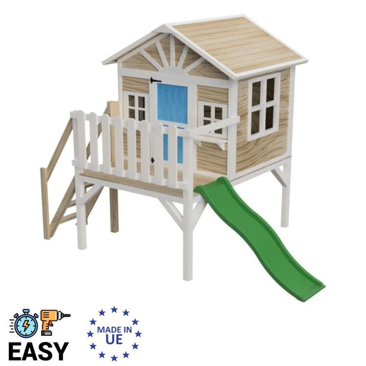 Casita Infantil De Madera Por Paneles Masgames Visby Elevada 90 Cm Azul.