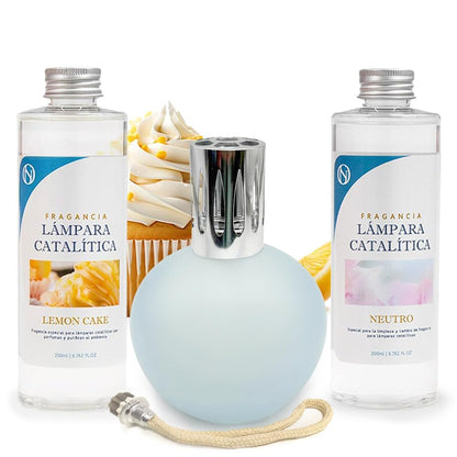 Pack Lámpara Catalítica Azul Grisáceo Mate + Fragancia Lemon Cake 200ml + Limpiador Neutro 200ml + Mecha Repuesto_0