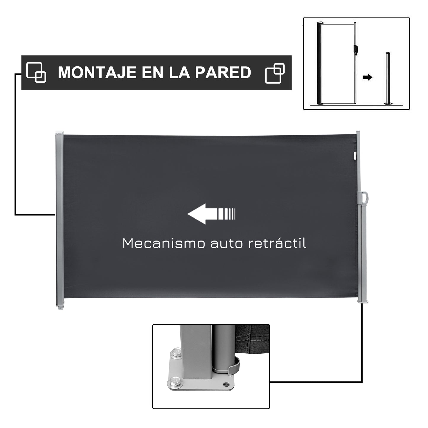 Outsunny Toldo Lateral Retráctil 300x180 Cm Pantalla Enrollable Para Jardín Gris_3