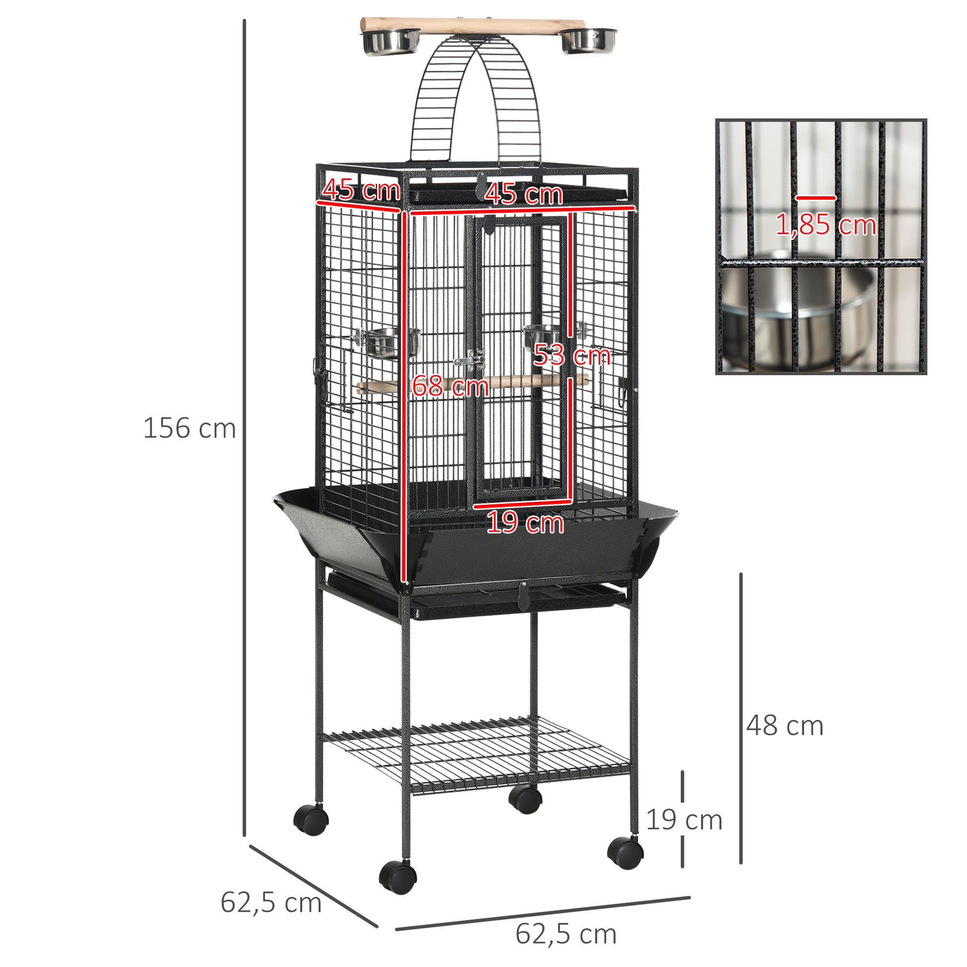 Pawhut Jaula Para Pájaros Con Soporte Ruedas 62,5x62,5x156cm 4 Comederos Gris_2