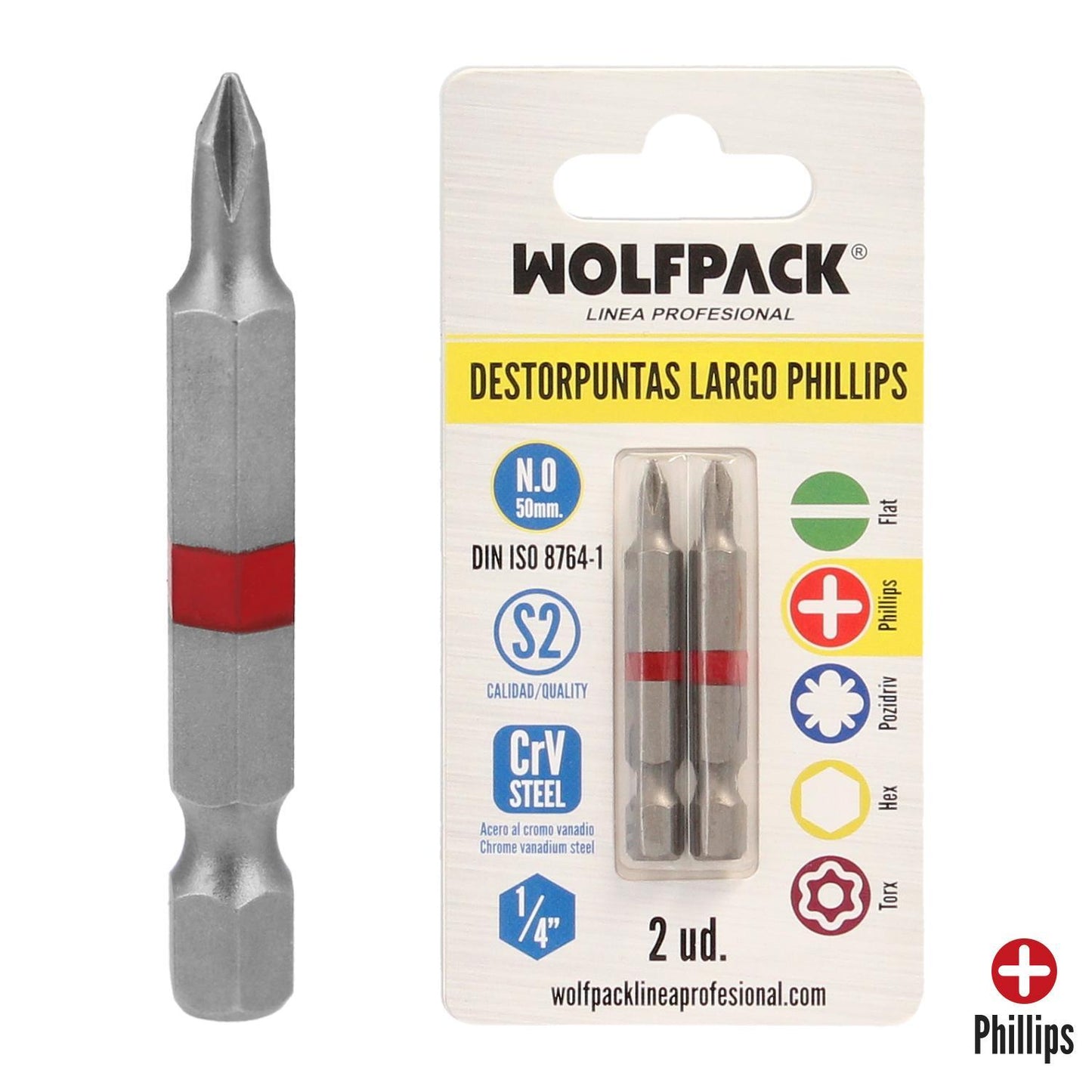 Puntas Largas Destornillador Phillips Nº 0 (2 Piezas). Acero S2 Al Cromo Vanadio. Puntas Hexagonales, Destorpuntas,