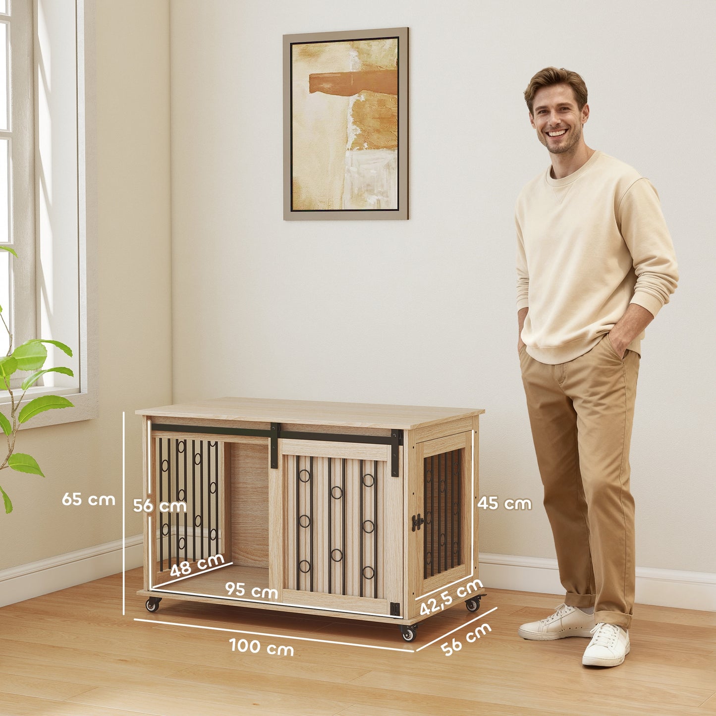 Pawhut Jaula Para Perros Mesa Auxiliar Con 2 Puertas Y Cierre 100x56x65 Cm Roble_2