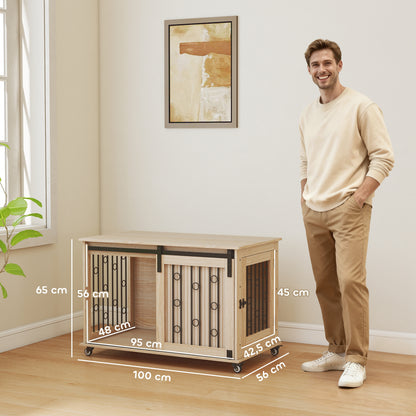 Pawhut Jaula Para Perros Mesa Auxiliar Con 2 Puertas Y Cierre 100x56x65 Cm Roble_2