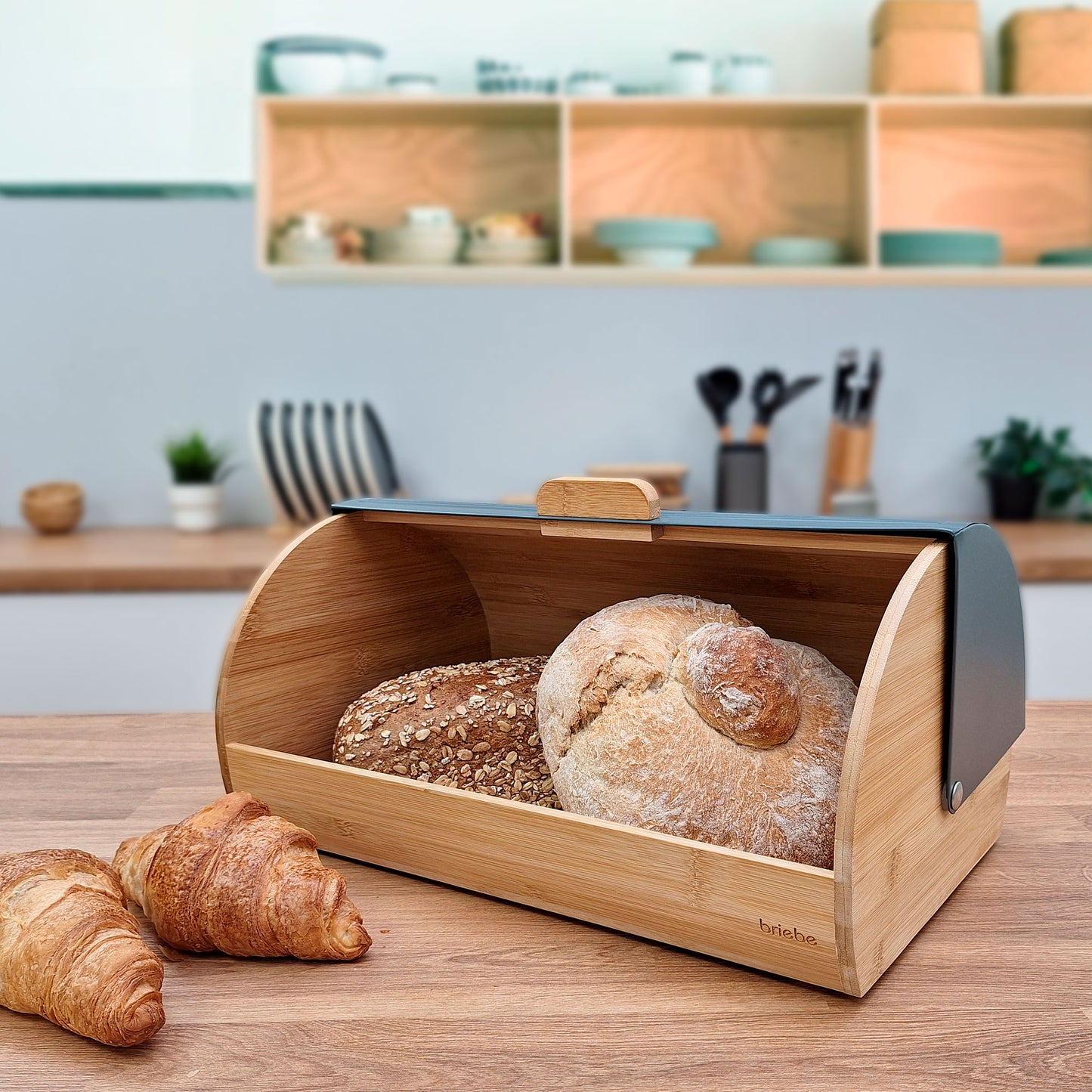Panera Para Guardar Pan De Mesa Madera Bambú, Tapa Deslizante Bread Box Almacenamiento Bollería, Briebe, Bb1162, Gris
