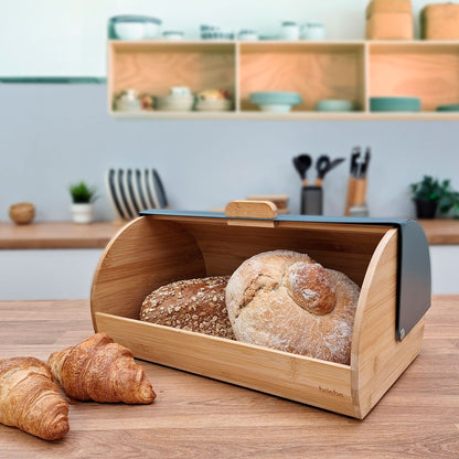 Panera Para Guardar Pan De Mesa Madera Bambú, Tapa Deslizante Bread Box Almacenamiento Bollería, Briebe, Bb1162, Gris