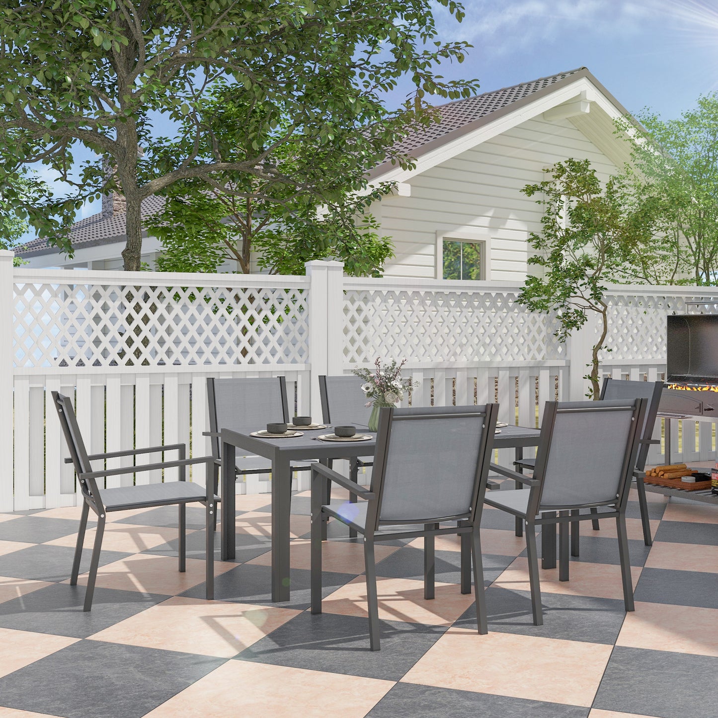 Outsunny Conjunto De Mesa Y Sillas Jardín De 7 Piezas Con Sillas Apilables Gris_1