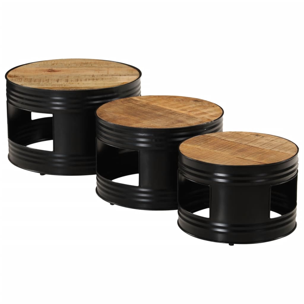 Mesas Altas De Bar Forma Tambor 3uds Madera Maciza Mango Rugosa_2