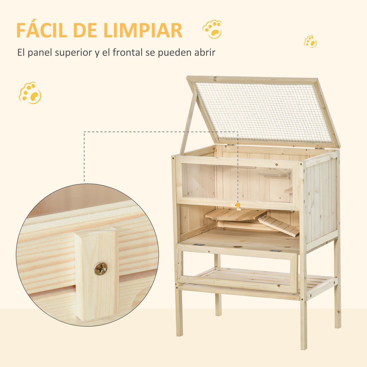 Pawhut Jaula De Madera Para Hámster Con Rampa Techo Abatible Estante Inferior_4