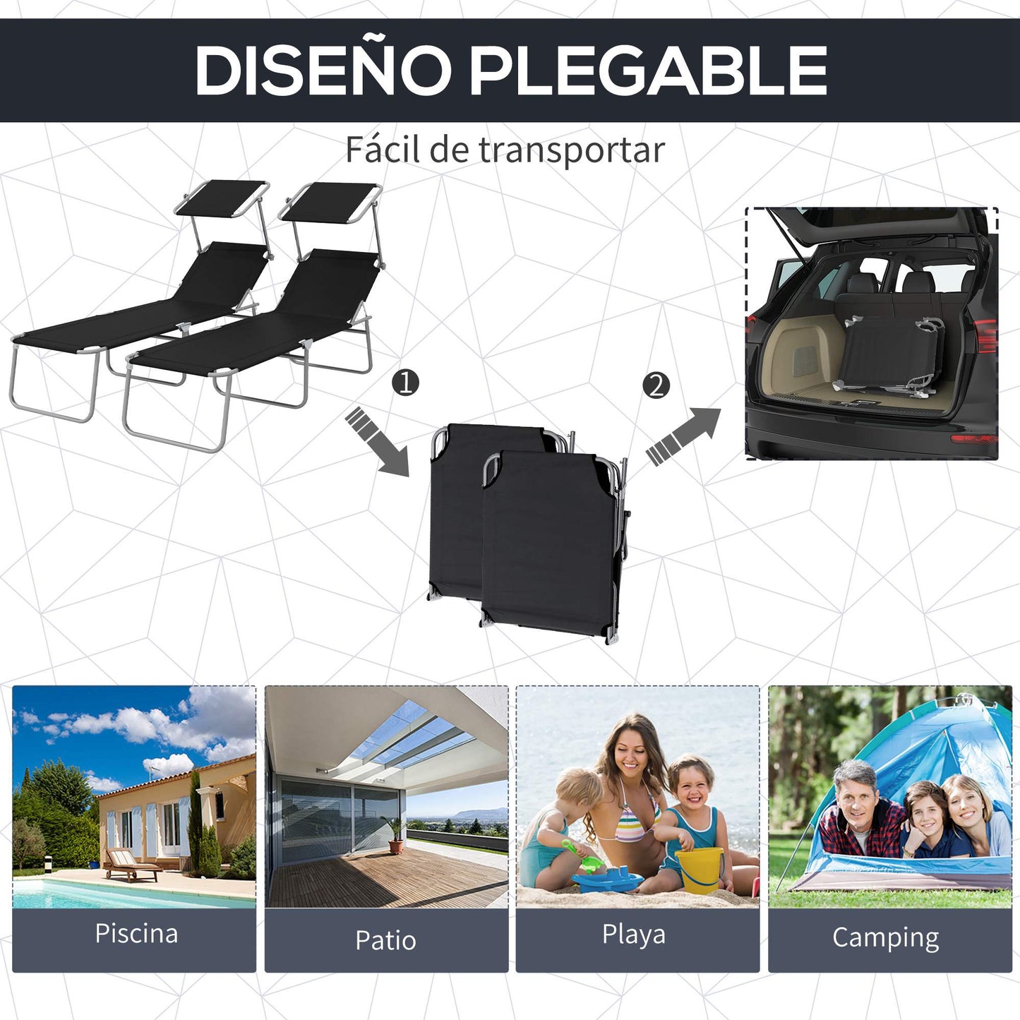 Outsunny Conjunto De 2 Tumbonas Plegables Con Toldo 187x58x36cm Negro_4
