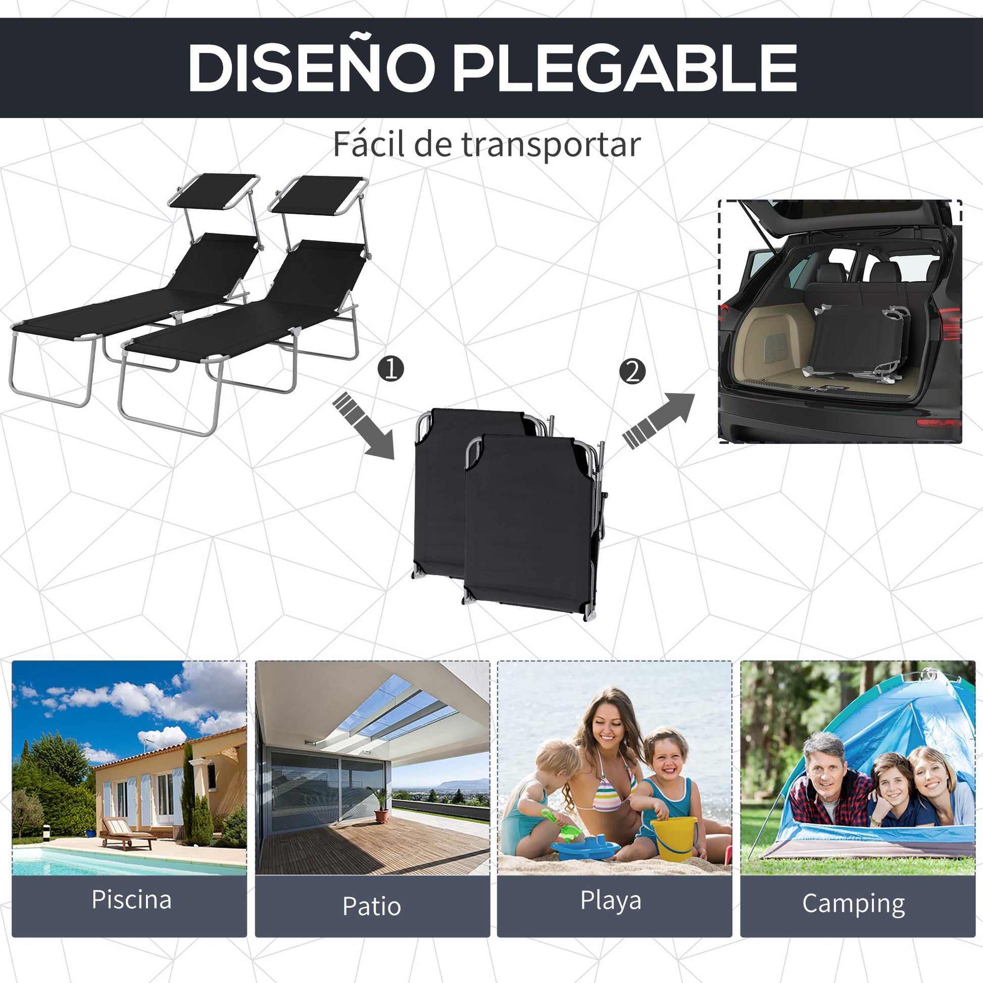 Outsunny Conjunto De 2 Tumbonas Plegables Con Toldo 187x58x36cm Negro_4