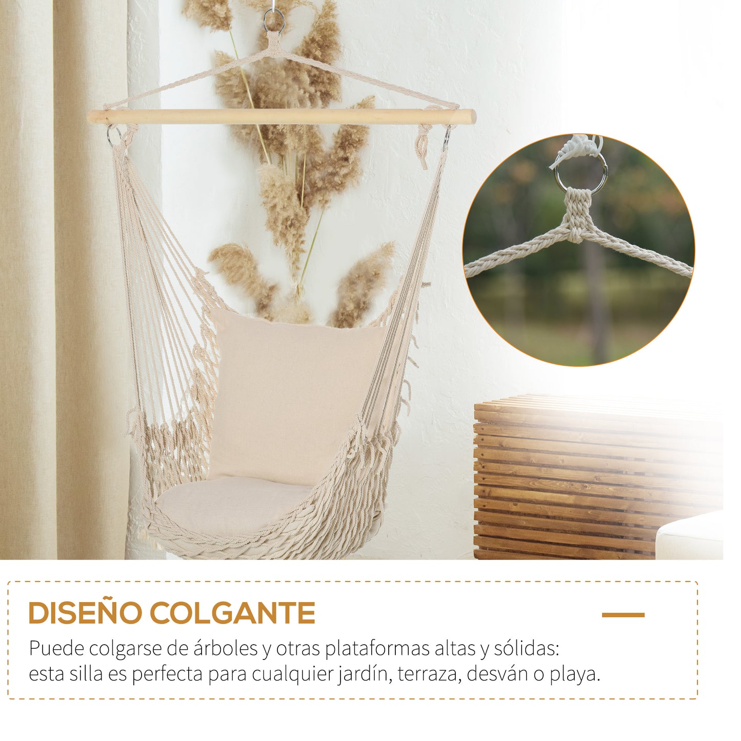 Outsunny Silla Colgante Con 2 Cojines Barra De Madera Carga 120 Kg Crema_4