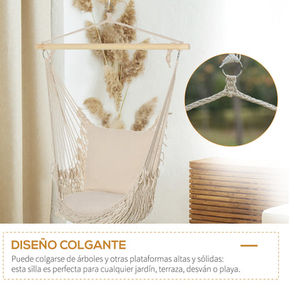 Outsunny Silla Colgante Con 2 Cojines Barra De Madera Carga 120 Kg Crema_4