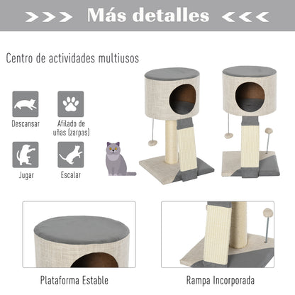 Pawhut Árbol Para Gatos 30x30x50 Cm Con Bola Colgante Cueva Suave Poste Rascador_5