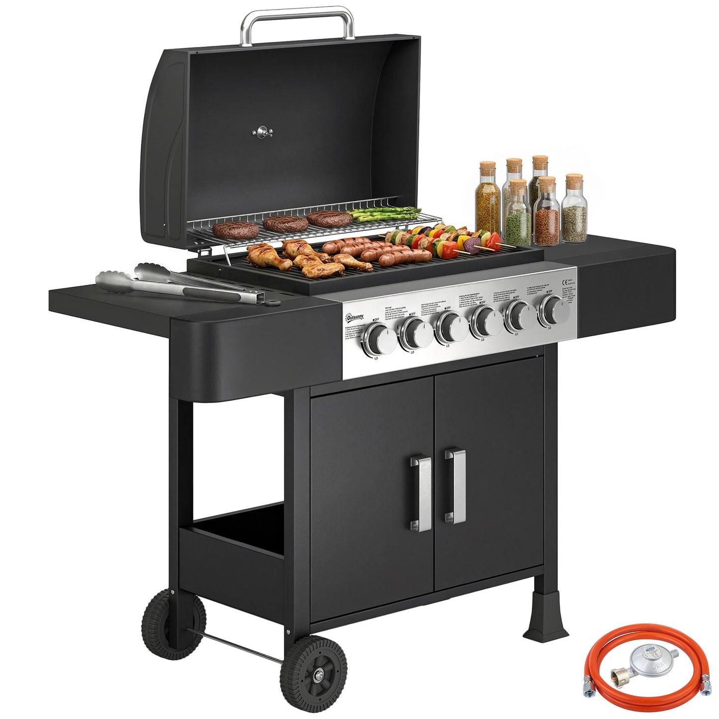 Outsunny Barbacoa De Gas Con 6 Quemadores 15 Kw Termómetro Mesas Laterales Negro_0