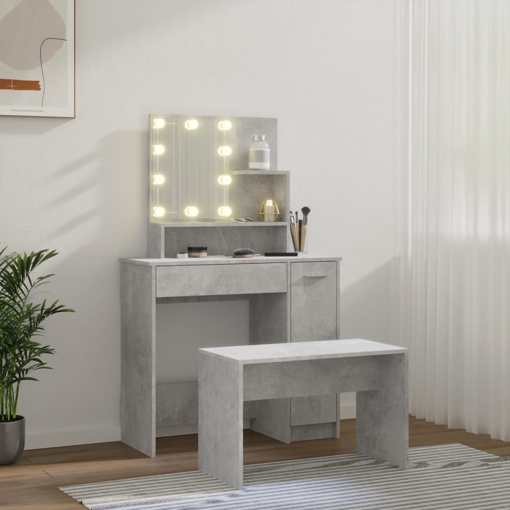 Juego De Tocador Con Led Madera Contrachapada Gris Hormigón_2