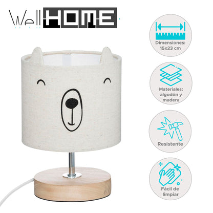 Well Home Lámpara Infantil 'ourson' En Algodón Y Madera Ø15x23cm