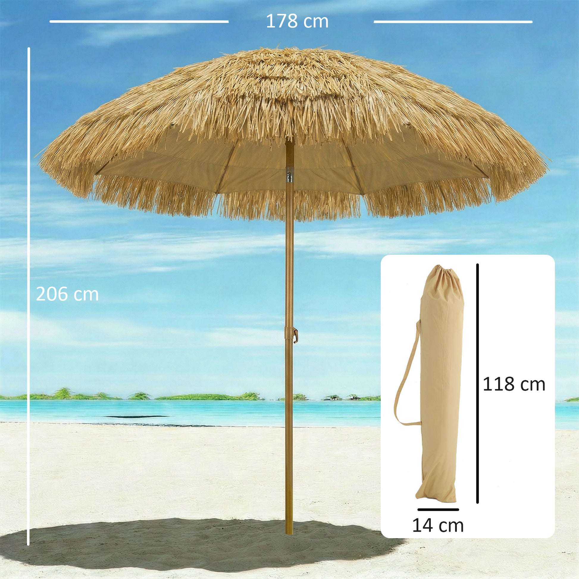 Outsunny Sombrilla De Playa Con Flecos De Paja Ø178 Cm Inclinación Marrón Claro_2