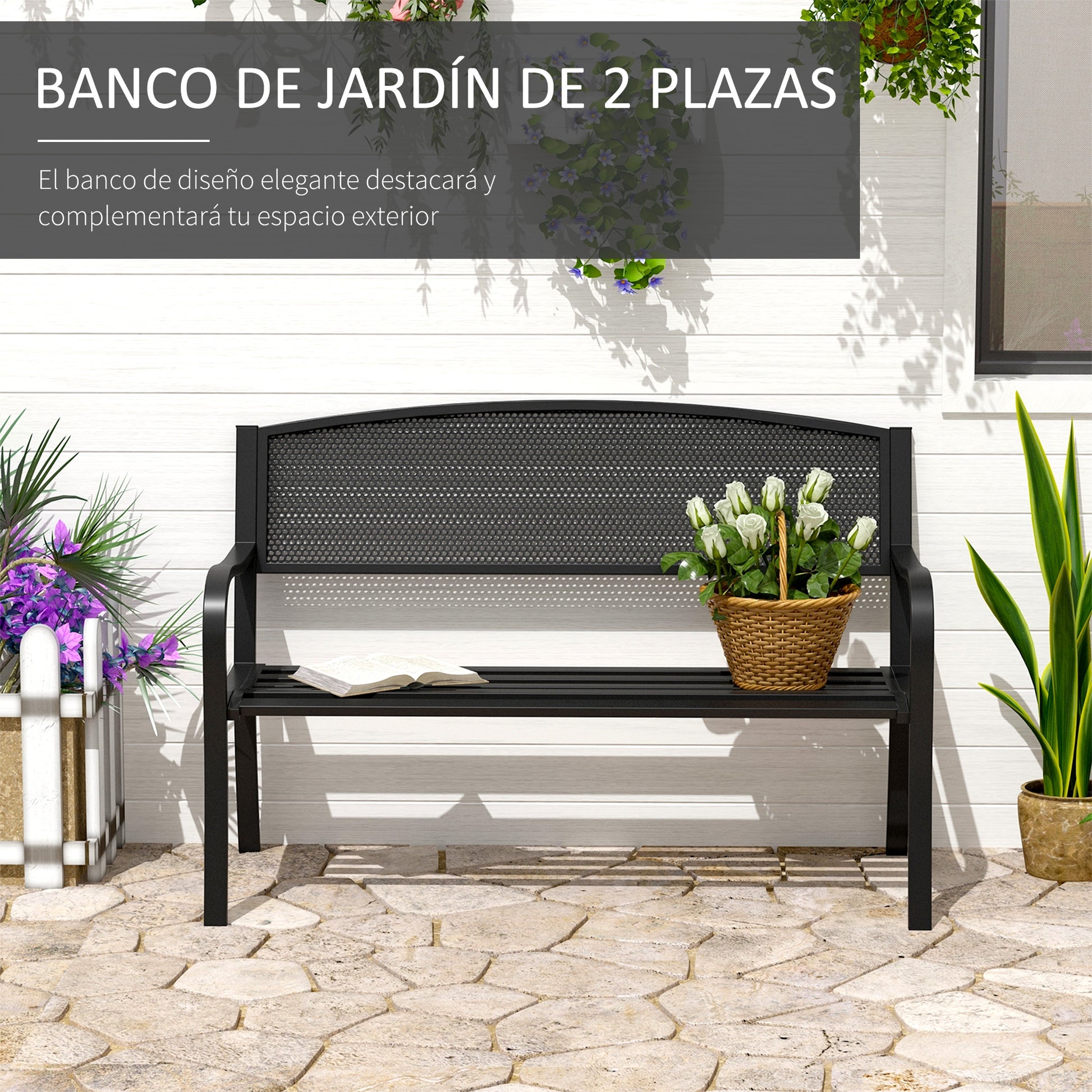 Outsunny Banco De Jardín De 2 Plazas Carga 240 Kg Para Patio 127x60x87 Cm Negro_3