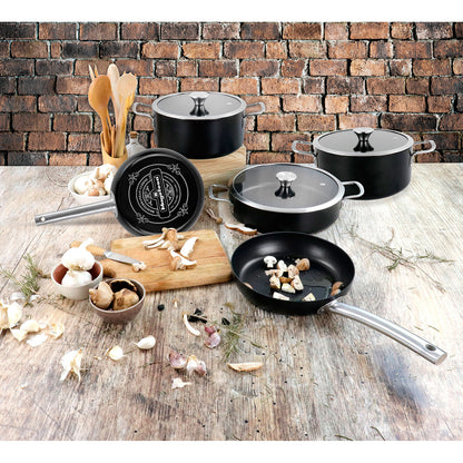 Batería Cocina Inducción 9 Piezas, Antiadherente Libre Pfoa Exterior Negro Mate Retro Vintage Magefesa Ares, Negro