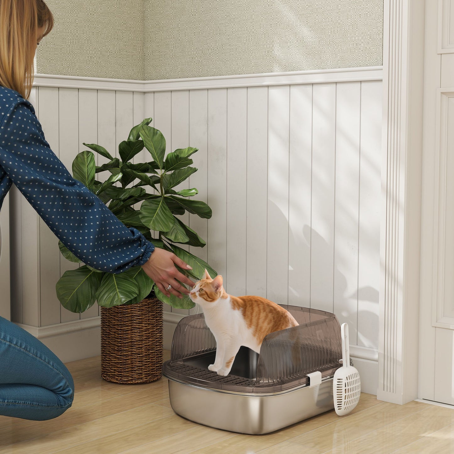 Pawhut Arenero Para Gatos Cubierto Con Bandeja De Acero Bordes Altos Y Pala Gris_1