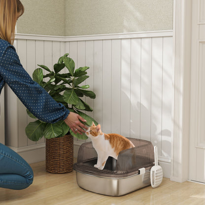 Pawhut Arenero Para Gatos Cubierto Con Bandeja De Acero Bordes Altos Y Pala Gris_1