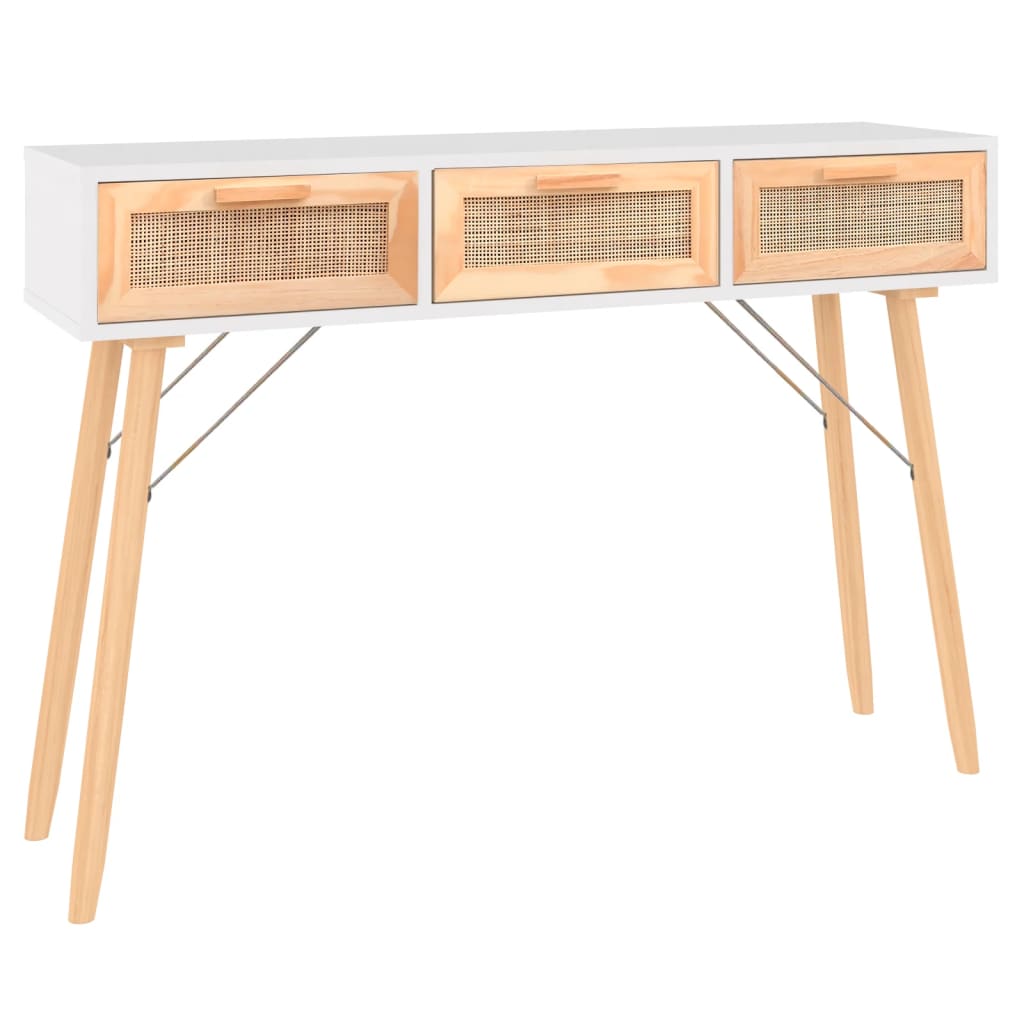 Mesa Consola Madera Pino Maciza Ratán Natural 105x30x75 Cm_0