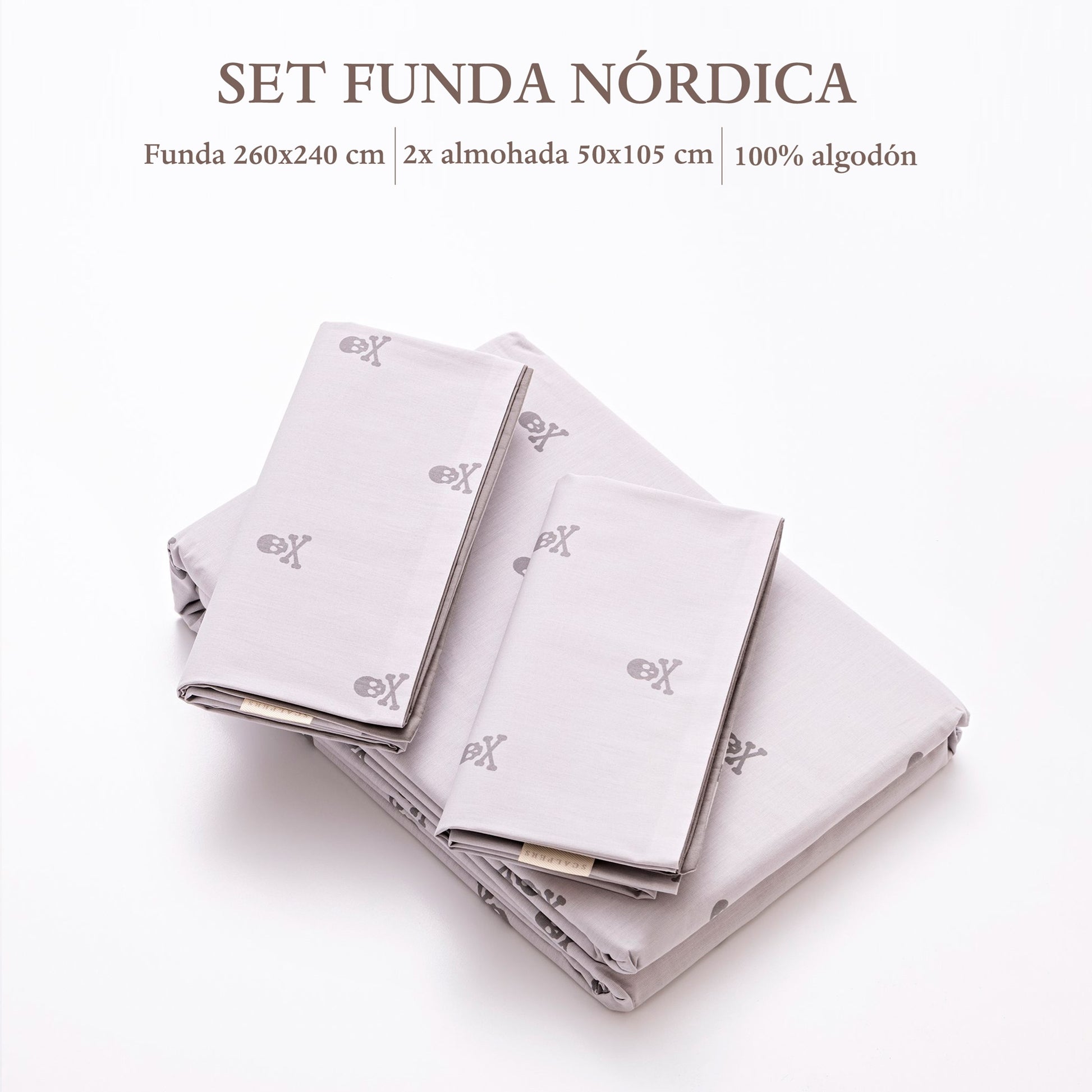 Set Cama (funda Nórdica 260x240cm + 2 Fundas Almohada  50x105cm) 100% Algodón Gris Oscuro & Gris Claro Calaveras Scalpers Home