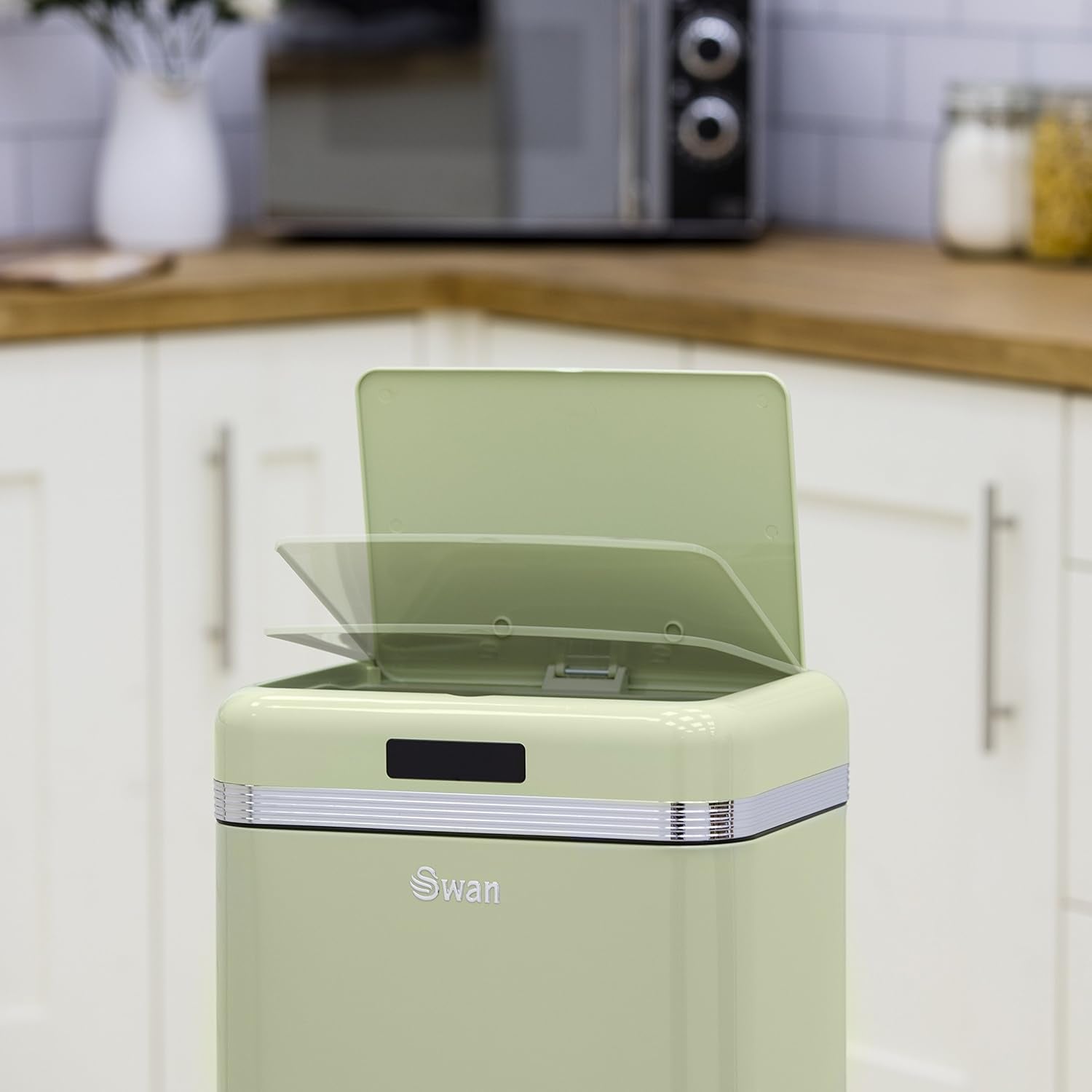 Cubo De Basura Cocina Automático, Sensor De Movimiento, 45l, Metálico, Papelera Reciclaje, Swan, Swka4500gneu, Verde
