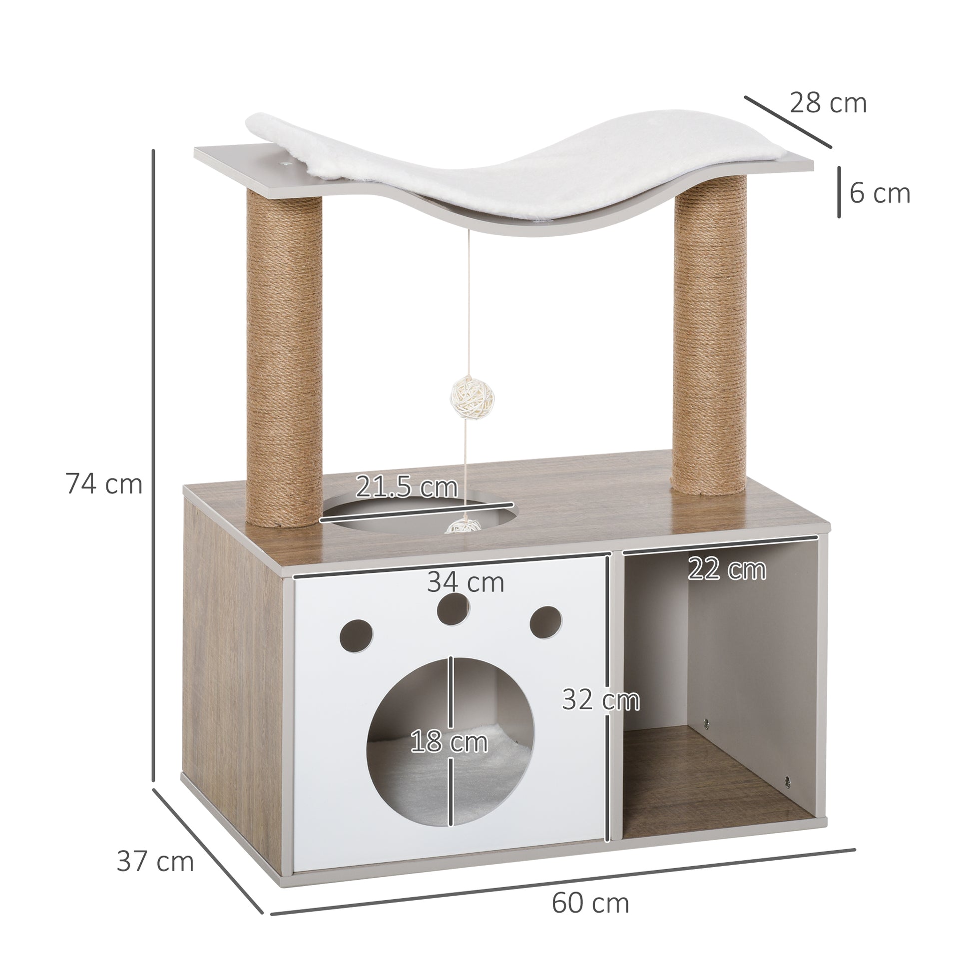 Pawhut Árbol Para Gatos Altura 74cm Con Caseta Madera Poste Bola Colgante Caja_2