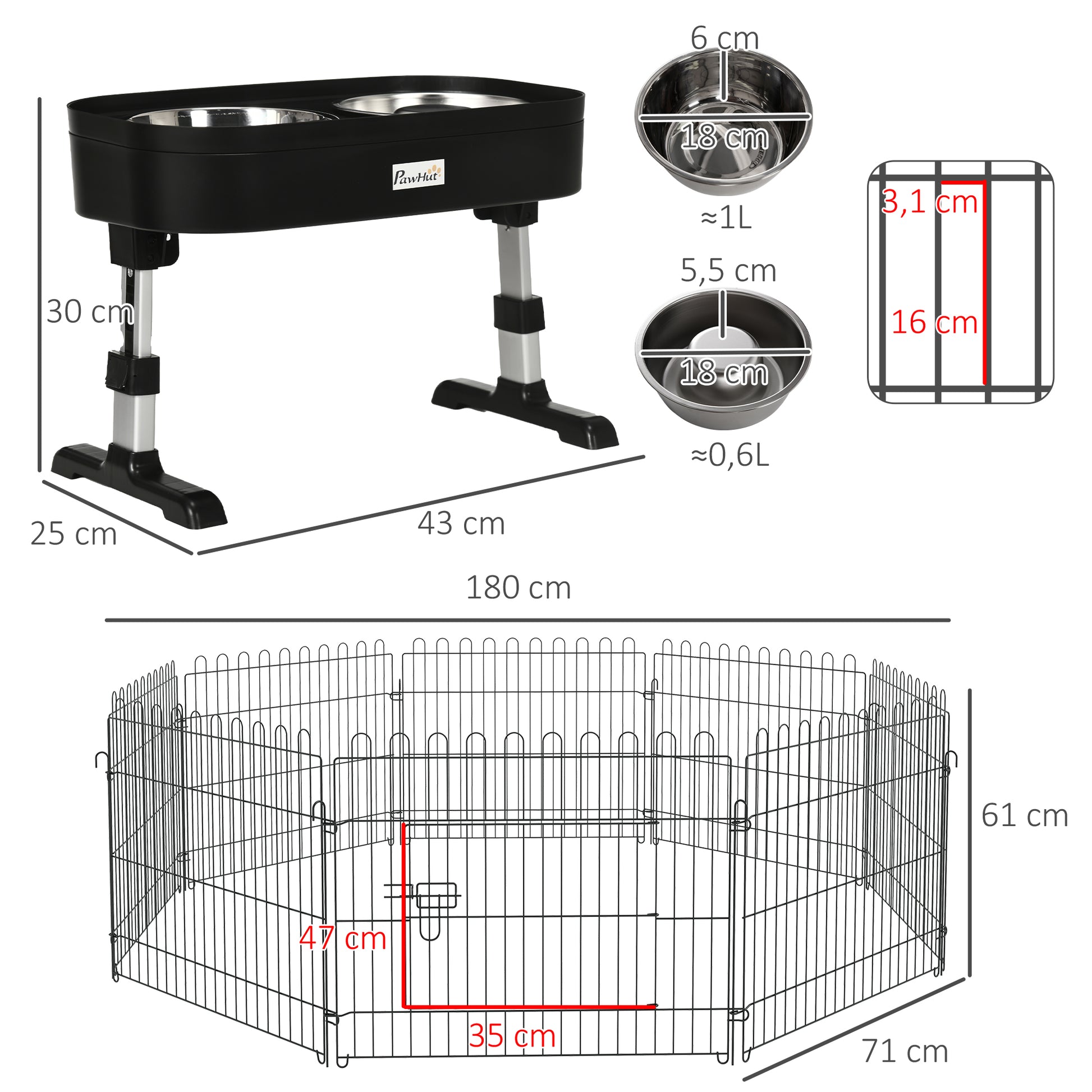 Pawhut Conjunto De Parque Y Comedero Para Perros 71x61 Cm 43x25x30 Cm Negro_2