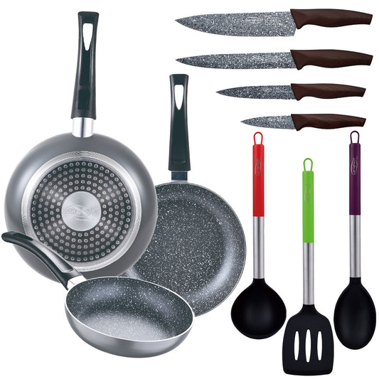 Set 3pc Sarten (16+20+24cm) Aluminio Prensado, Inducción, Negra Soul Marble Con Set 3pc Utensilios De Cocina Nylon Con Set 4pc Cuchillos Acero Inoxid_0