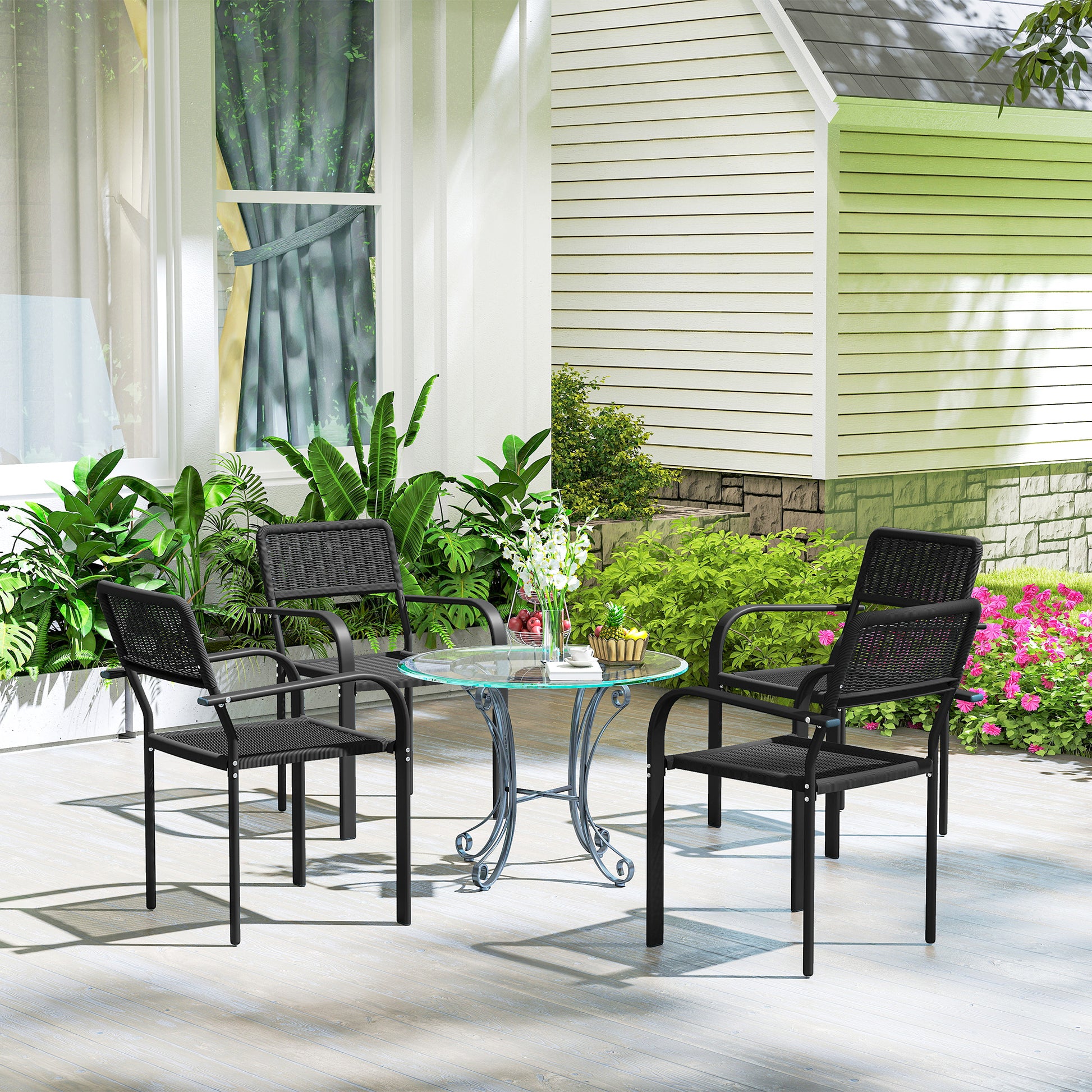 Outsunny Juego De 4 Sillas De Jardín Exterior Apilables 55x60x83 Cm Negro_4
