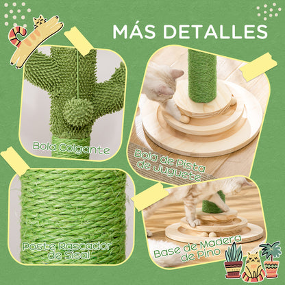 Pawhut Rascador Cactus Para Gatos Con Bola Colgante Y Juego En La Base De Madera_4