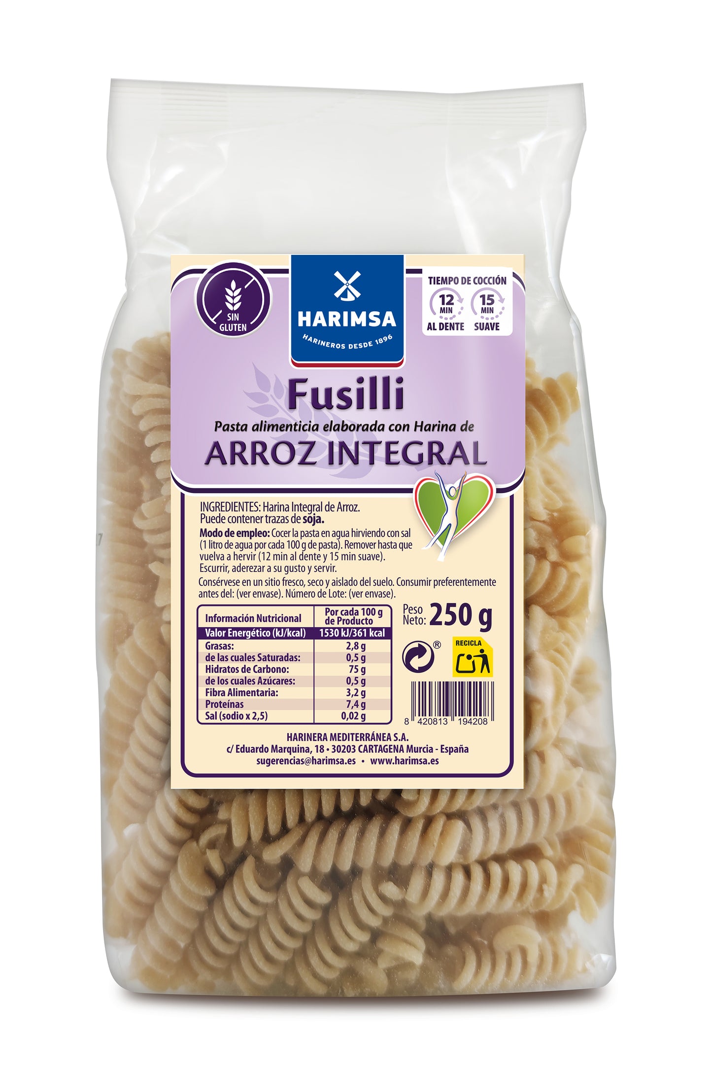 Fusilli Arroz Integral Sin Gluten 250 G Harimsa_0