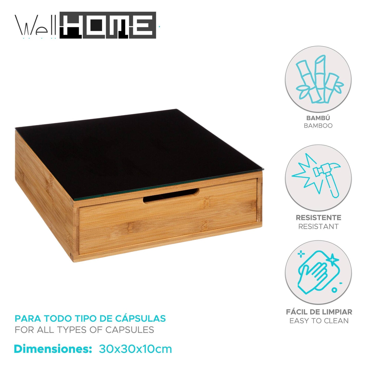 Well Home Portacápsulas Con 2 Cajones En Bambú 30x30x10cm