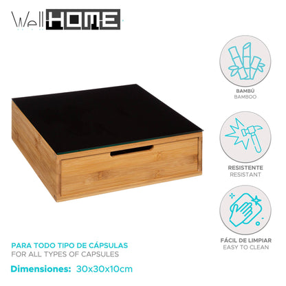 Well Home Portacápsulas Con 2 Cajones En Bambú 30x30x10cm