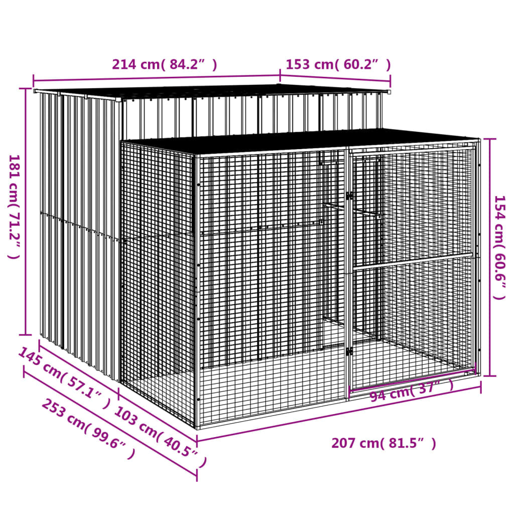Vidaxl Caseta Perros Con Corral Acero Galvanizado Gris 214x253x181 Cm_2