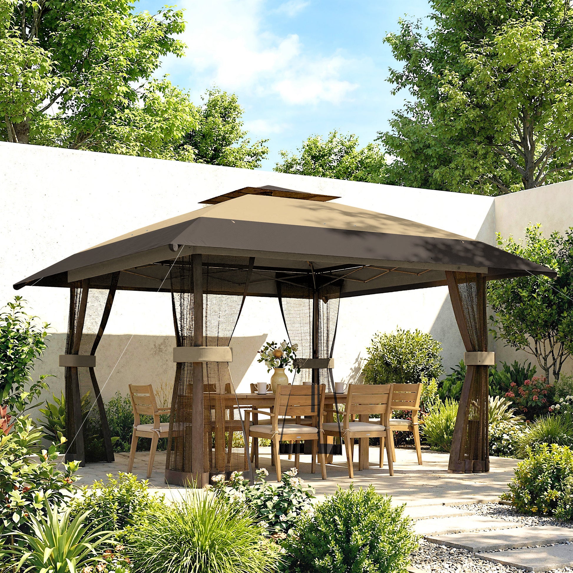 Outsunny Carpa Plegable 4x4 M Con Doble Techo Altura Ajustable 4 Laterales Caqui_1