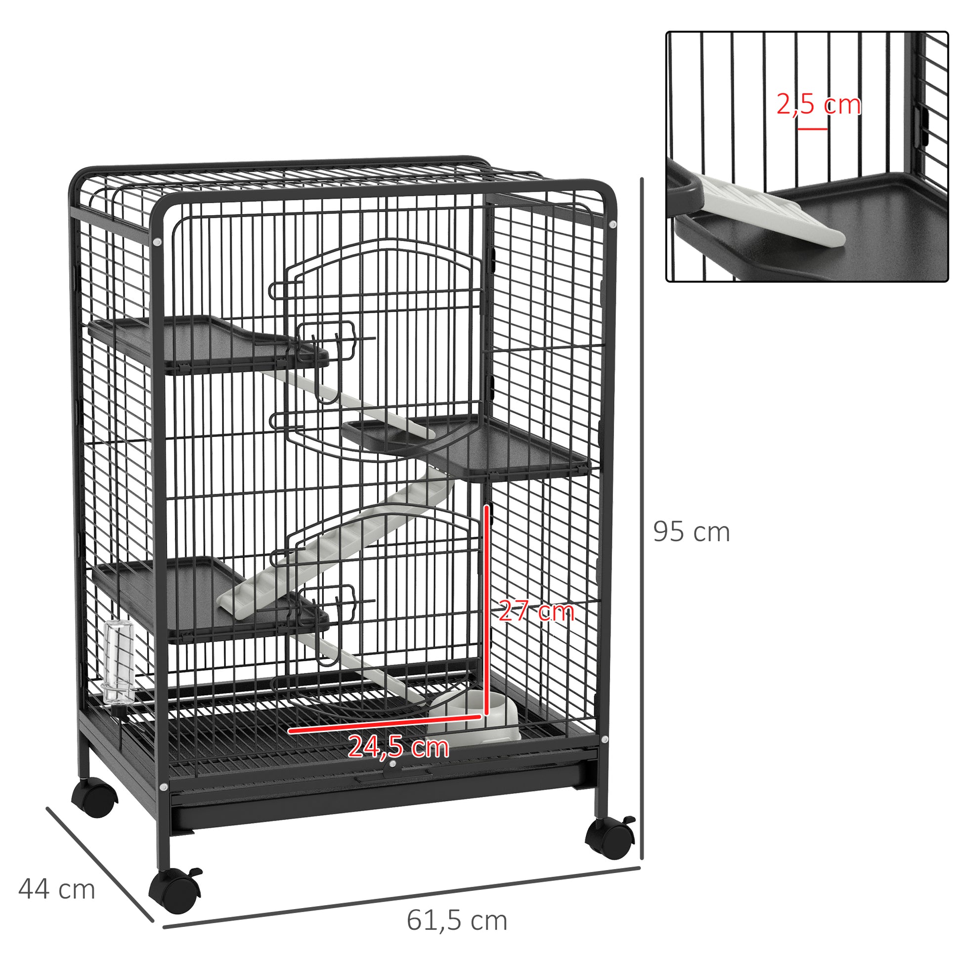 Pawhut Jaula Para Roedores Con Ruedas 61,5x44x95 Cm Comedero Bandeja Extraíble_2