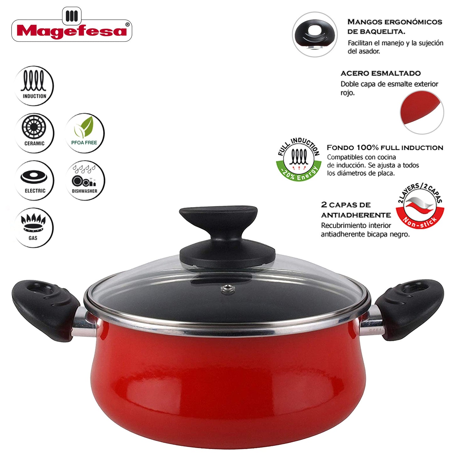 Magefesa Praga Olla 30 Con Tapa Vidrio, Acero Esmaltado Vitrificado, En Granate, Inducción Y Lavavajillas