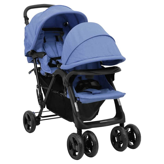 Vidaxl Carrito Para Gemelos Tandem De Acero Azul Marino_0