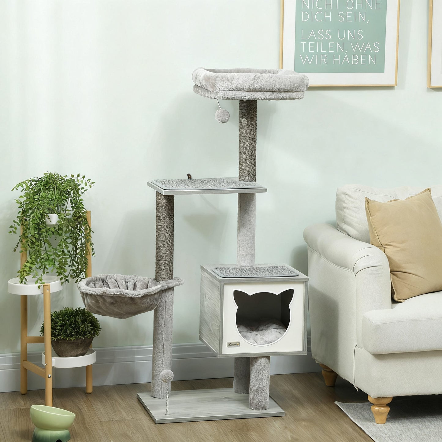 Pawhut Árbol Rascador Para Gatos 126 Cm Con Plataforma Hamaca Caseta Gris_1