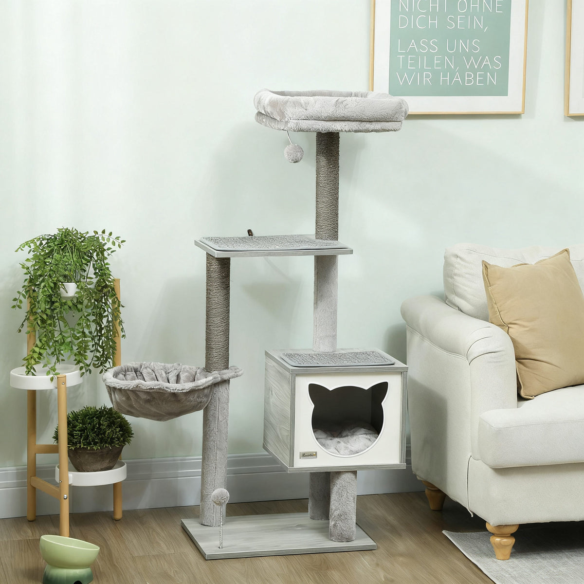 Pawhut Árbol Rascador Para Gatos 126 Cm Con Plataforma Hamaca Caseta Gris_1