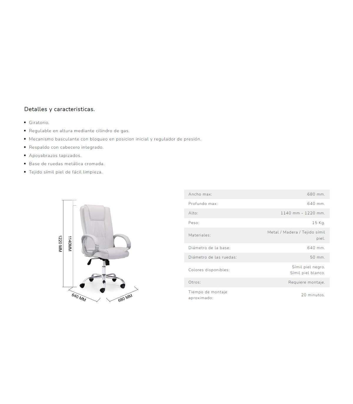 Sillón Giratorio Atlas En Símil Piel Blanco, 114-122 Cm(alto)64 Cm(ancho)68 Cm(largo)_2