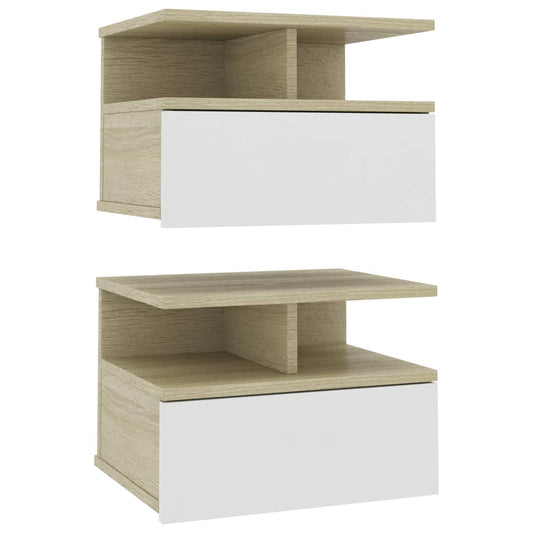 Mesita De Noche Flotante 2 Uds Madera Blanco Roble 40x31x27 Cm_0