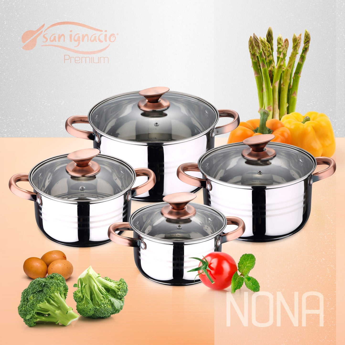 Batería de Cocina San Ignacio Premium Nona 8 Pzas Acero Inoxidable con Sartenes (18/22 cm) y Grill 28x28 cm_1
