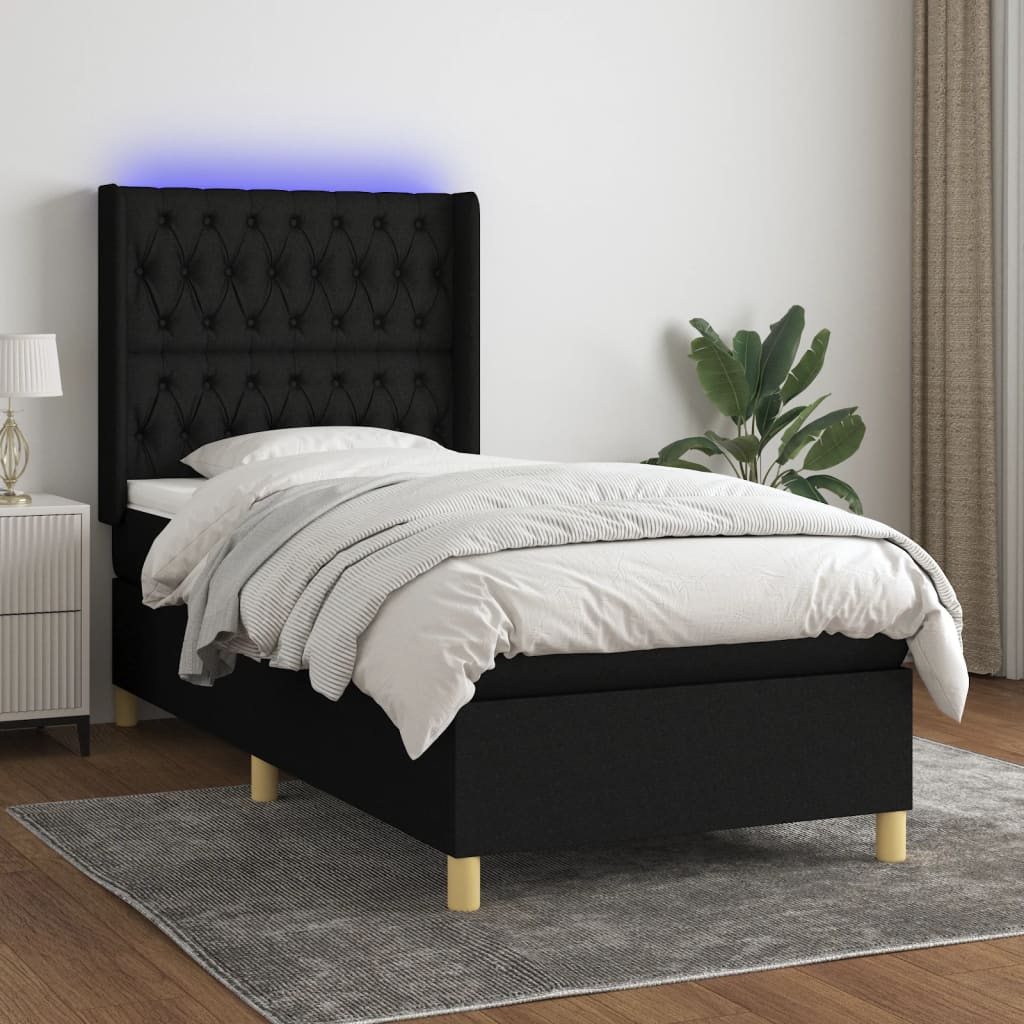 Cama Box Spring Colchón Y Luces Led Tela Negro 90x190 Cm / Vetonek_0
