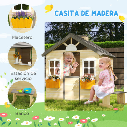 Outsunny Casa De Jardín Infantil De Madera Con Ventanas 113x94x134,5 Cm Natural_4