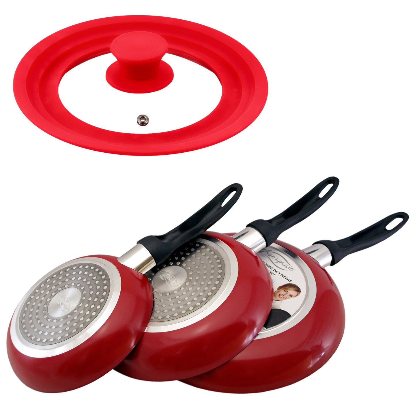 Set De 3 Sartenes san Ignacio Con Revestimiento En Mármol Ø16 Cm Ø20 Cm Ø24 Cm + Tapa Universal En Color, De Vidrio_0